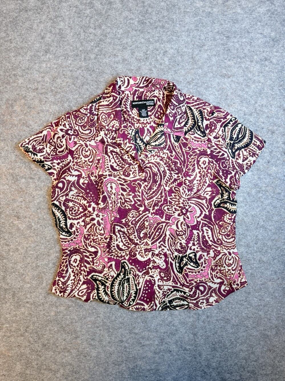 Norton McNaughton Petites Blouse 16P Pink Purple Paisley Short Sleeve Button Up